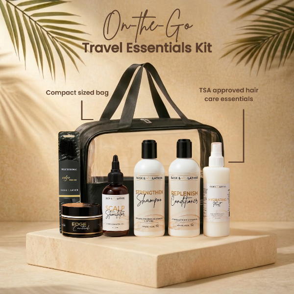 Travel Essentials Kit with hair care products on a wooden platform against a beige background with palm leaves.